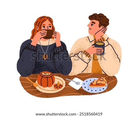Love couple at cafe table, drinking warming coffee and tea. Happy man and woman enjoying autumn seasonal bakery, fall desserts, cozy time. Flat graphic vector illustration isolated on white background