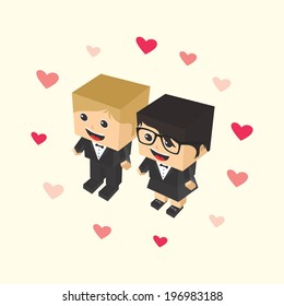 love couple cartoon block isometric character