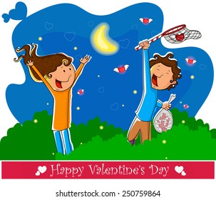 Love couple catching love flies in vector