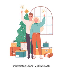 Love couple celebrating Christmas or New Year. Christmas tree with presents. Vector illustration in flat style 