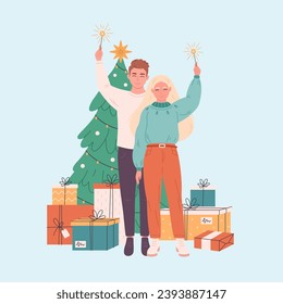 Love couple celebrating Christmas or New Year. Christmas tree with presents. Vector illustration in flat style