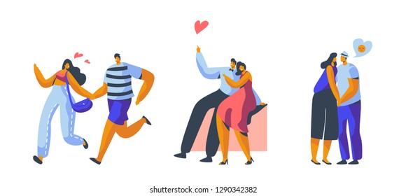 Love Couple Character Dating Set. Happy Lover Hug, Kiss, Sitting on Park Bench Isolated. Woman Man Romantic Flirt Conversation at Valentine Day Concept Vector Flat Cartoon Illustration