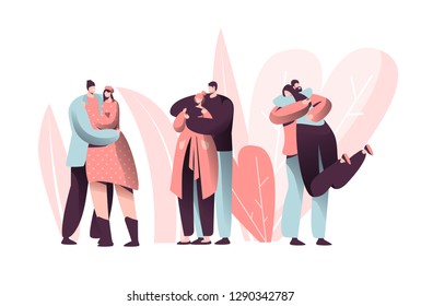 Love Couple Character Hug on Valentine Dating Set. Happy Lover Relationship Anniversary Lifestyle. Woman Man Romantic Connection Network Concept Vector Flat Cartoon Illustration