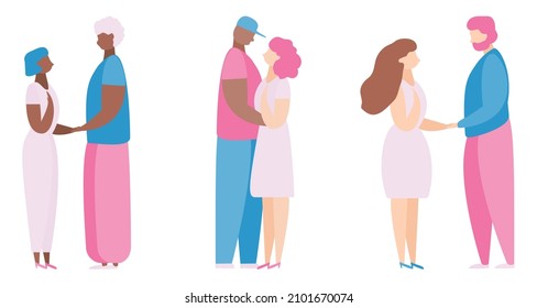 Love Couple Character Hug on Valentine Dating Set. Happy Lover Relationship Anniversary Lifestyle. Woman Man Romantic Connection Network Concept Vector Flat Cartoon Illustration. EPS10