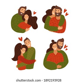 Juego de abrazos de personajes de la pareja de amor. Feliz Aniversario de la Relación de Amante. Banner de San Valentín. Conexión romántica de mujeres y hombres. Ilustración de dibujos animados planos vectoriales