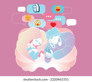 A love couple chatting with handphones. Vector, simple graphic style with pastel color mode.
