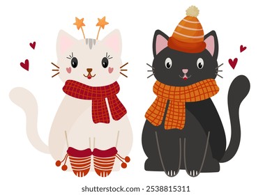 Love couple of Christmas cats. Cute winter characters, design for greeting cards. Vector illustration