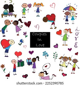 Love Couple Colorful Set. Vector Hand Drawn Illustration.