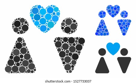 Love couple composition of filled circles in various sizes and shades, based on love couple icon. Vector filled circles are grouped into blue composition.