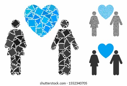 Love couple composition of unequal pieces in different sizes and color tones, based on love couple icon. Vector rugged pieces are grouped into collage. Love couple icons collage with dotted pattern.