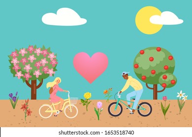 Love couple concept of valentine day, two enamored on bicyle near tree with flowers and fruits and pink heart baloon in spring season cartoon vector illustration. Love couple in park on bikes.