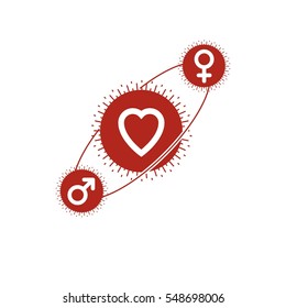 Love Couple conceptual logo, unique vector symbol. Male and Female, Mars and Venus signs. Interaction between loving people.