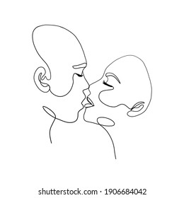 Love couple continuous line. Abstract man woman kiss minimal one line style, contemporary art vector illustration