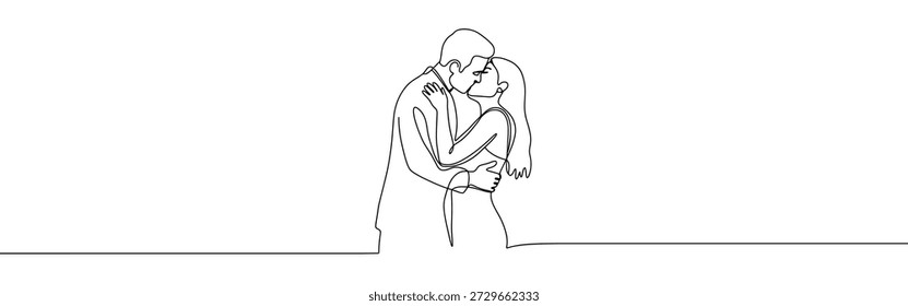 O casal de amor continua um desenho de linha. Mão desenhada homem e mulher, desenho de beijo.