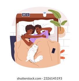 Love couple, cute cat waking up in morning at weekend. Happy black woman and man hugging, kitty lying, relaxing in home bedroom, top view. Flat vector illustration isolated on white background