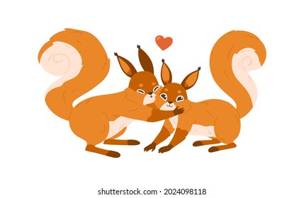 Love Couple Of Cute Happy Squirrels, Kissing And Hugging. Adorable Enamored Small Rodents. Romantic Scene Of Sweethearts Animals Embracing. Flat Vector Illustration Isolated On White Background