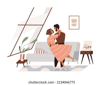 Love couple dancing and hugging at home. Happy man and woman on date in living room. Lovers in romantic relationships. Wife and husband indoors. Flat vector illustration isolated on white background