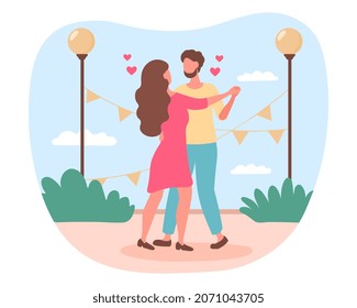 Love couple dancing. Man and girl spend time in nature. Date, romance, outdoor. Spring, good mood, lifestyle, husband and wife, happy people. Valentines Day. Cartoon flat vector illustration