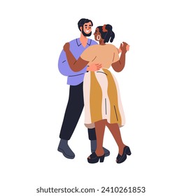 La pareja de amor bailando juntos. Jóvenes birraciales abrazando a mujeres. Feliz relación romántica. Las sonrientes tarjetas de San Valentín se emparejan y abrazan. Ilustración vectorial plana aislada en fondo blanco