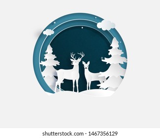 Love couple of deer in winter field with frame in paper cut style. Creative vector illustration Christmas celebration. Valentines day concept. Backdrop, Poster, Brochure, Banner, Flyer, Greeting card.