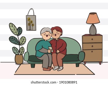 Love couple doing various activities on sofa indoors, Flat design.