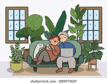 Love couple doing various activities on sofa indoors, Flat design.