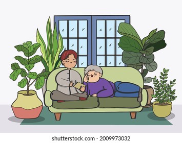 Love couple doing various activities on sofa indoors, Flat design.
