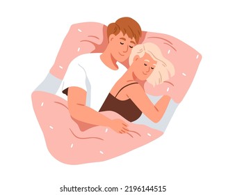 Love couple dreaming together in bed. Asleep people, romantic partners. Husband hugging wife in sleep. Man and woman lovers under blanket. Flat vector illustration isolated on white background