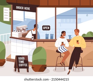 Love couple drinking coffee, sitting on chair near coffeeshop kiosk. Man and woman on summer date with takeaway cups outdoors. Friends meeting, talking in city street. Flat vector illustration