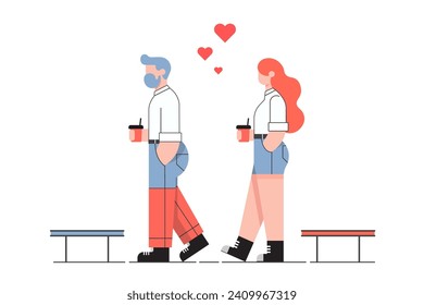 love couple drinking coffee,man and woman walking with coffee cup,red heart,minimalist couple concept For Valentine's Day and Love Day ,vector lover illustrations.