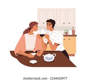 Love couple drinking tea at home kitchen. Happy romantic married man and woman. Husband and wife in cosy homey apartment, talking and relaxing. Flat vector illustration isolated on white background
