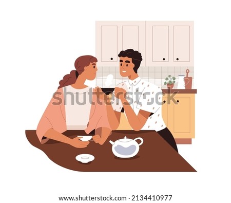 Love couple drinking tea at home kitchen. Happy romantic married man and woman. Husband and wife in cosy homey apartment, talking and relaxing. Flat vector illustration isolated on white background