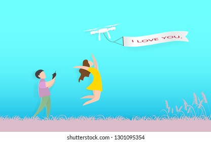 Love couple with drone pulls I Love You banner for Valentine's day decorations, paper art vector illustration