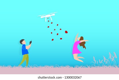Love couple with drone releases heart shapes for Valentine's day decorations, vector illustration