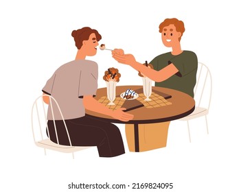 Love couple eating in cafe. Young man feeding woman with dessert from spoon on date. Happy people relax together with sweet food at table. Flat graphic vector illustration isolated on white background