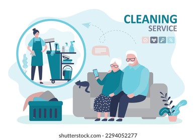 Amamos a un par de personas mayores pidiendo servicio de limpieza a través del smartphone. Guardián con herramientas de lavado y limpieza. Servicio en línea con teléfono móvil. Trabajo doméstico, hogar. ilustración vectorial plana