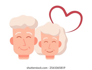 Love Couple of Elderly People. Portraits Grandfather and Grandmother with drawn Heart shape. Heads of senior Pensioners with gray hair. Smiling Characters Older Generation. Flat vector Illustration