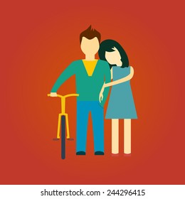 love couple in an embrace with a bicycle. flat style. vector illustration