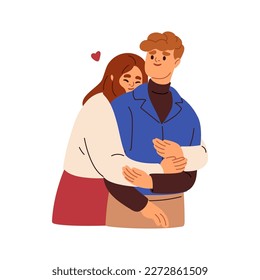 Love couple embracing. Happy young woman hugging man valentine with tenderness, affection, standing behind. Characters in romantic relationship. Flat vector illustration isolated on white background