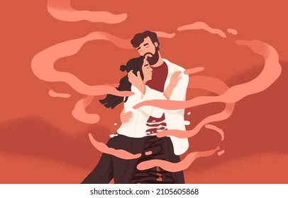 Love couple embracing. Romantic bonding relationships and romance concept. Man and woman lovers hug with passion and tenderness. Two enamored valentines, soul mates. Colored flat vector illustration