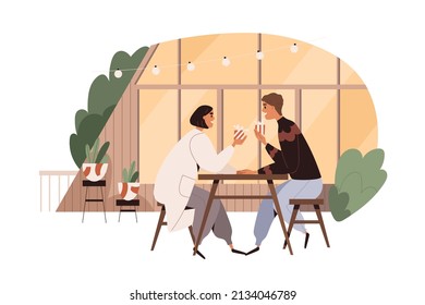 Love couple exchange gifts at cafe table outdoor. Happy man and woman with holiday presents on date. Lovers, valentines in romantic relationships. Flat vector illustration isolated on white background