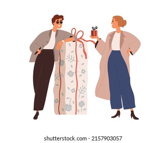 Love Couple Exchanging Gifts. Woman Presenting Small Box, Happy Man Giving Big Huge Giftbox, Surprise For Anniversary, Holiday. Flat Graphic Vector Illustration Isolated On White Background