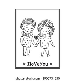 Love couple family postcard. Cozy photo heart frame. Inscription i love you, black line isolated on white background. Romantic cartoon vector.