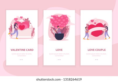Love couple flat composition banner set with valentine card and love descriptions vector illustration