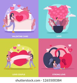 Love couple flat icon set with valentine card couple and strong love description vector illustration