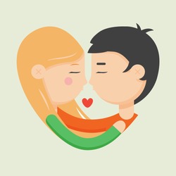 Love Couple Flat Illustration. Man And Woman Kissing In The Shape Of A Heart. Valentine's Day, Family Relations, Wedding Label

