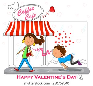 Love couple flirting in front of coffee cafe in vector
