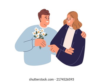 Love couple with flower bouquet gift. Happy man, woman with romantic floral bunch of wild chamomiles. Boyfriend, girlfriend and wildflowers posy. Flat vector illustration isolated on white background