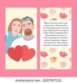 Love Couple Flower Flyer. Vector Illustration of People Portrait. Happy Valentines Day. Man and Woman.