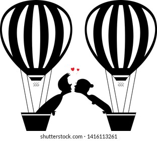 Love couple fly up on the air balloon isolated illustration. Kissing love couple on the air balloon black on white illustration
